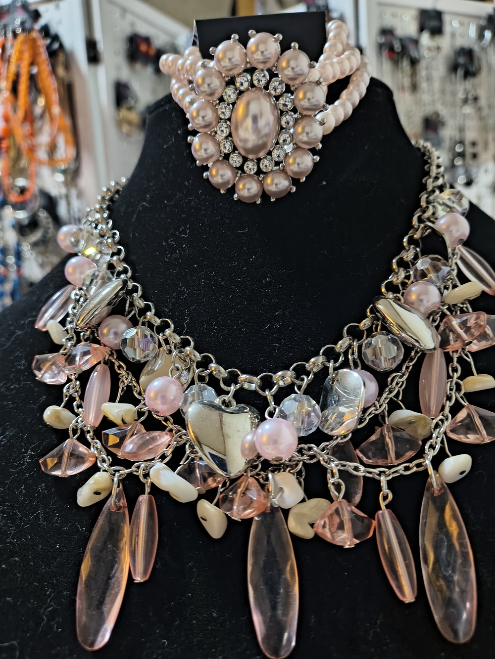 Pink Pearl and Crystal Statement Necklace and Bracelet Set